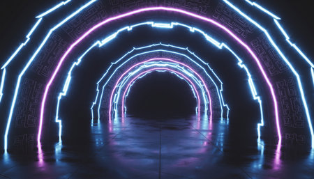 3d render. Futuristic neon tunnel with glowing lights. Glowing neon tunnel.の素材