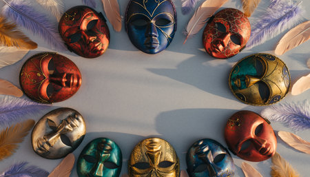 Mardi Gras masks with feathers frame on a white background.の素材