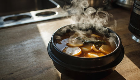 Chinese soup in a pot on a wooden table in a restaurant.の素材