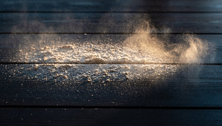 Wheat flour on black wooden table. Shallow depth of field.の素材