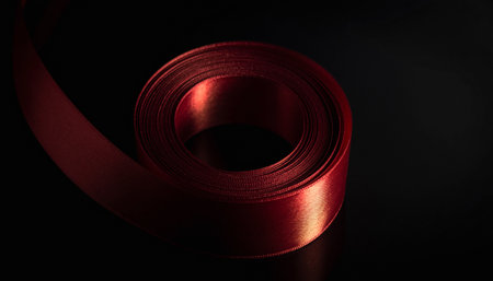 Roll of red satin ribbon on black background, close up.の素材