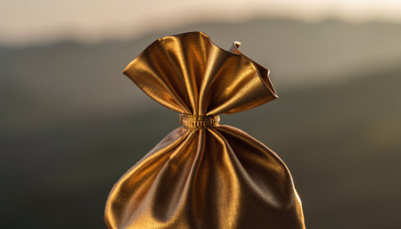 golden satin bow on a background of a mountain landscape.の素材