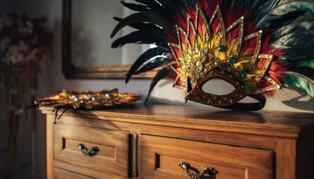 Beautiful carnival mask on a chest of drawers in the roomの素材