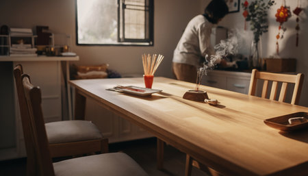Close up of wooden dining table with chopsticks. Blurred backgroundの素材