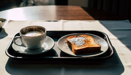 Breakfast with coffee and bread on wooden table in the morning.の素材