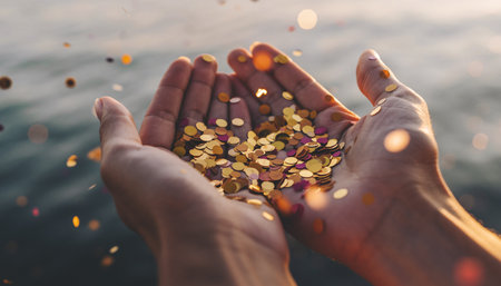 Hands holding golden confetti on the sea background. Concept of celebration and party.の素材