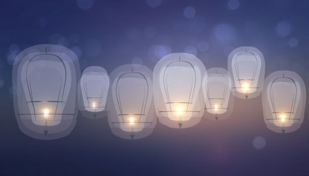 Illustration of light bulbs in a row with bokeh backgroundの素材