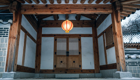 Traditional japanese wooden door and lantern in chinese temple.の素材