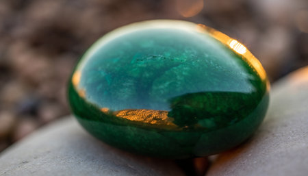 Close up of a green crystal ball on a pebble.の素材