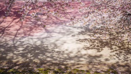 Cherry blossoms in full bloom in the springtime with a pink backgroundの素材