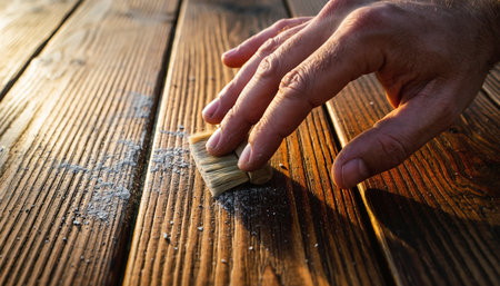 Man's hand with a brush on a wooden surface. Selective focus.の素材