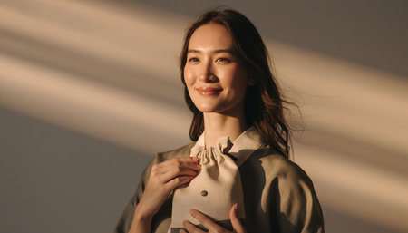beautiful young woman in beige trench coat looking at camera and smiling on greyの素材