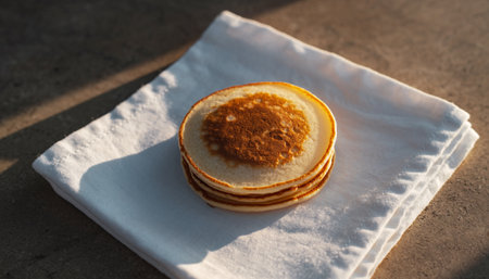 Pancakes with cinnamon on a white napkin on a concrete backgroundの素材