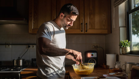 Young man preparing food in the kitchen at home. Cooking concept.の素材