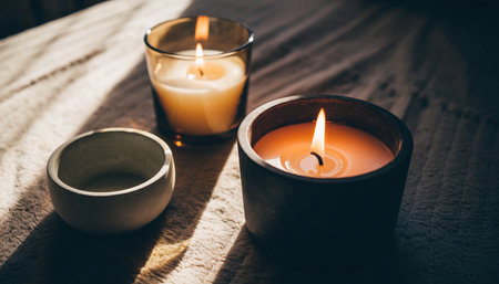 Burning candles on the wooden table in the morning. Selective focus.の素材