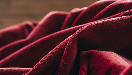 Close up of red fabric on wooden table background with copy space.の素材