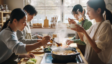 Asian family enjoy cooking in the kitchen at home. Happy family concept.の素材