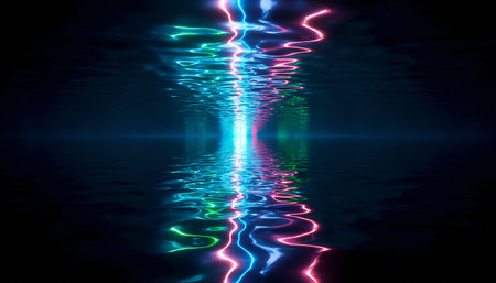 abstract background with neon lights and reflections on the surface of the waterの素材