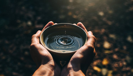 Hands holding a cup of hot coffee with a drop of waterの素材