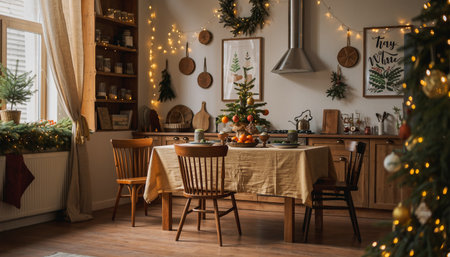 Beautiful Christmas interior with decorated Christmas tree, wooden table and chairsの素材