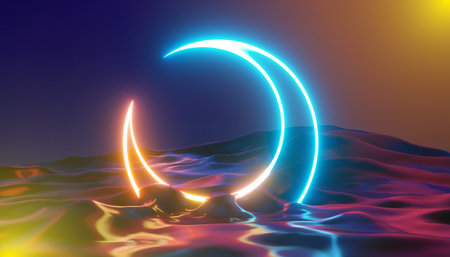 3d render, abstract background with neon lights, waves and moonの素材
