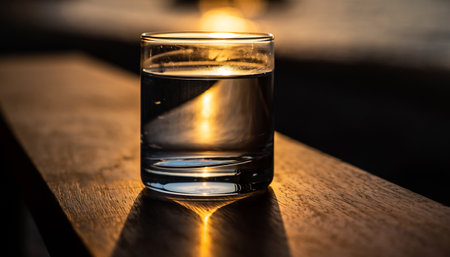 A glass of water on a wooden table in the evening light.の素材