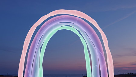 3D Illustration of a Rainbow with a beautiful sunset in the backgroundの素材