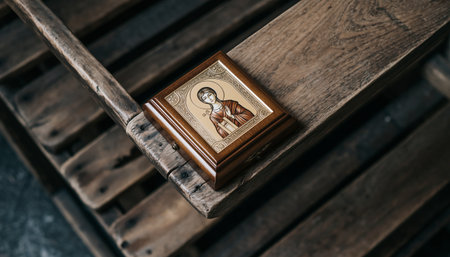 Bible with the image of the Virgin Mary in a wooden boxの素材