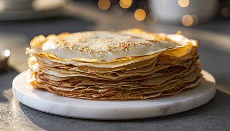 Stack of pancakes on a white marble board with bokeh backgroundの素材