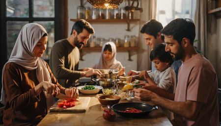 Muslim family preparing food in the kitchen at home. Muslim family having a dinner together.の素材