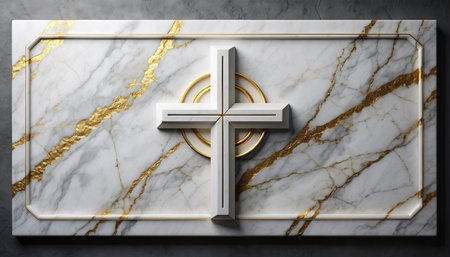 3d illustration of a marble cross on a marble wall with gold veinsの素材