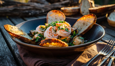 Seafood salad with mussels, shrimpspus, mussels, squid and parsleyの素材