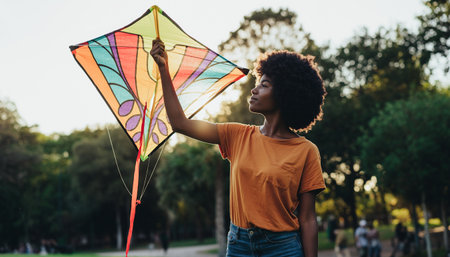 Young african american woman holding a kite in the parkの素材