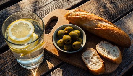 Glass of lemonade, olives and bread on a wooden tableの素材