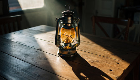 Lantern on a wooden table in the rays of the sunの素材