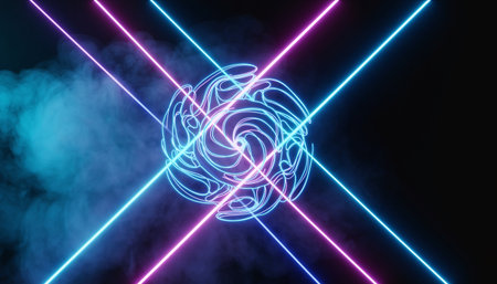 Glowing neon circles and lines, abstract background. 3D renderingの素材