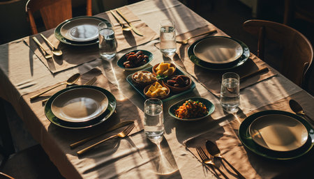 Table setting with plates, glasses, cutlery and crockeryの素材