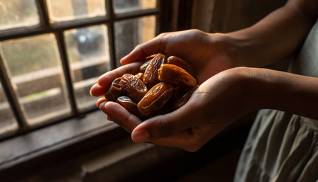 Dates in hands on the background of a window. Selective focus.の素材