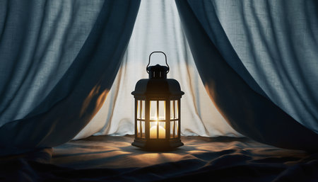 Lantern in the window with curtains. Ramadan Kareem concept.の素材
