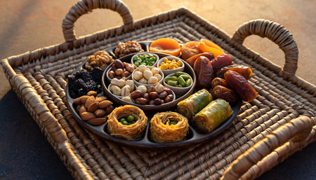 Assorted oriental sweets in a basket on a wooden table.の素材