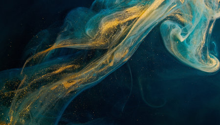 abstract background of blue and yellow ink in water on black backgroundの素材