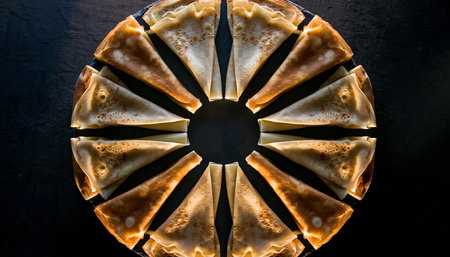 Crepes with meat and cheese on a black background. Toned.の素材