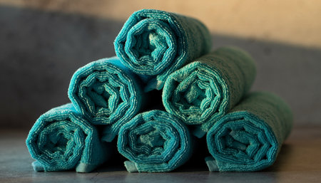 Close up of rolled up turquoise towels on wooden table.の素材