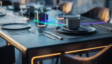 Interior of a restaurant. Table setting with a cup of coffeeの素材