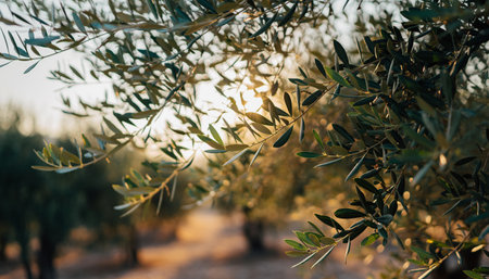 Olive tree with green leaves in olive grove at sunset.の素材