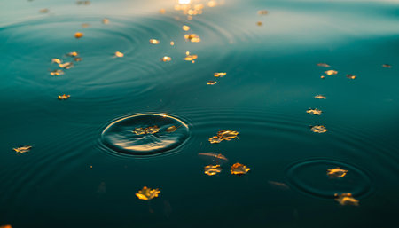 Drops of rain fall on the surface of the water. Autumn background.の素材