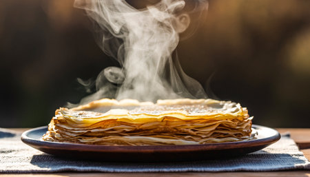 Stack of pancakes with white smoke on a wooden table in the gardenの素材
