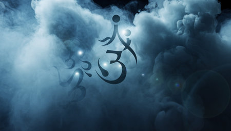 Digital composite of Silhouette of people with transition effect against smokeの素材