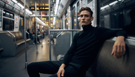 Handsome young man sitting in subway train and looking away.の素材
