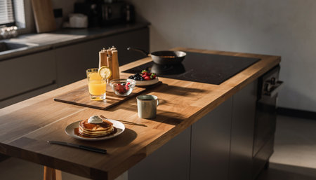 Breakfast in the modern kitchen. Pancakes, coffee and juice on the tableの素材